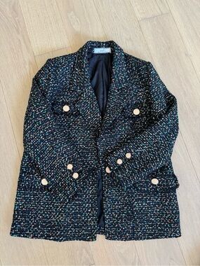 Bouclé Tweed Blazer Jacket with Gold Buttons - Black Multi